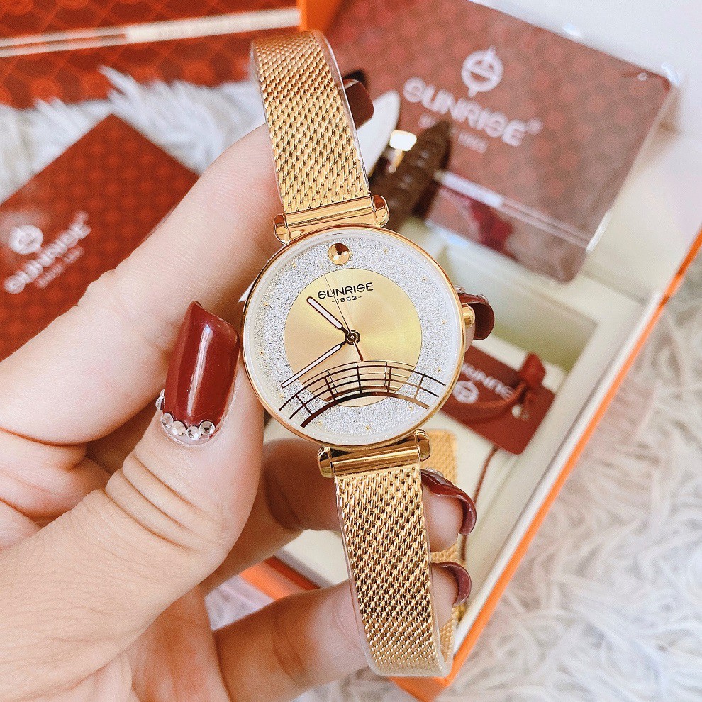 Đồng Hồ Sunrise Nữ Lắc Tay Vàng Gold 33mm (Mặt 2 Tròng)