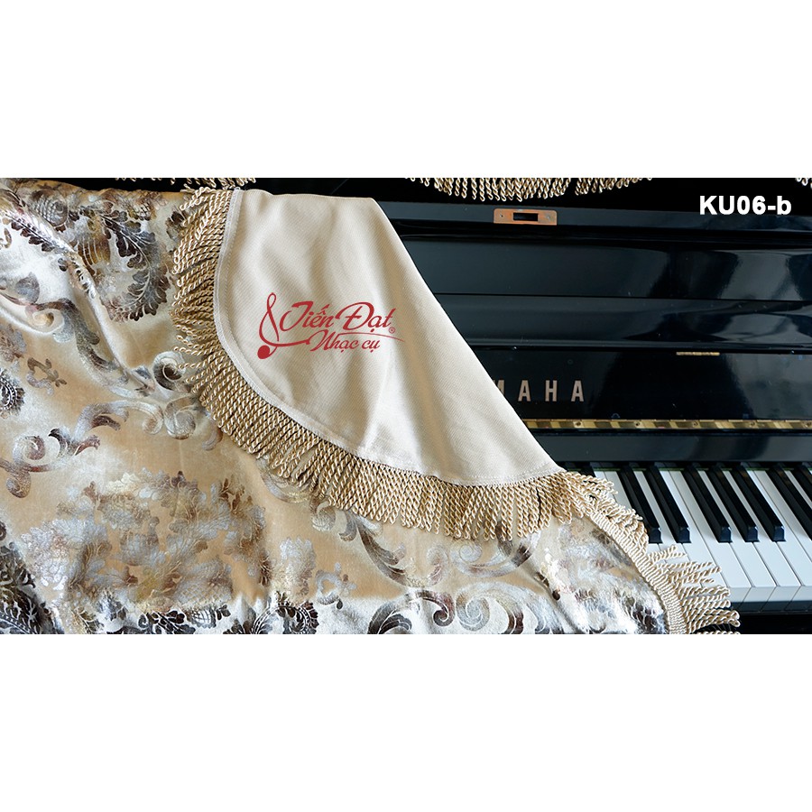 KHĂN PHỦ ĐÀN PIANO NHUNG VÀNG THÊU HOA TUA RUA XOẮN KU-06B