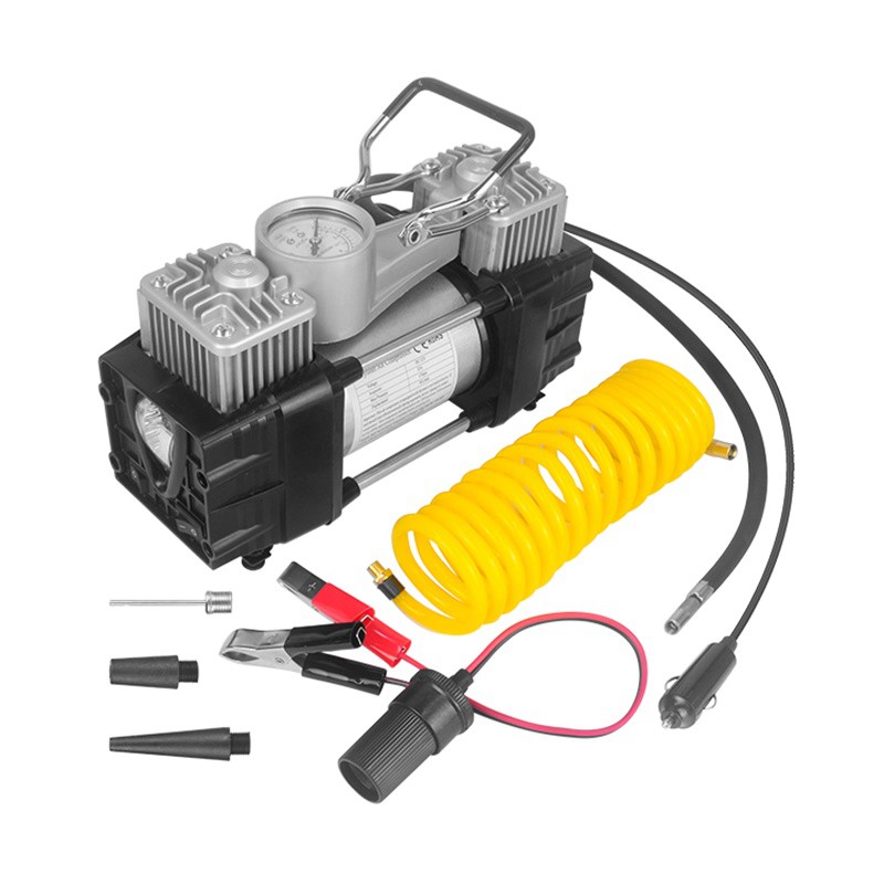 Bơm lốp ô tô loại mạnh 2 motor, 2 xi lanh, đo áp suất lốp loại mạnh, kèm theo dây kích bình, có đèn led và đồng hồ đo áp