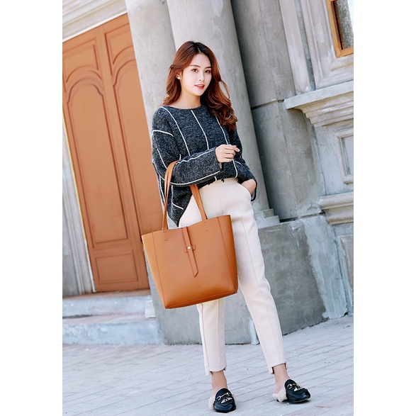 Túi Tote Cầm Tay Đeo Vai Sức Chứa Lớn Màu Trơn Họa Tiết Vỏ Quả Vải Cho Nữ