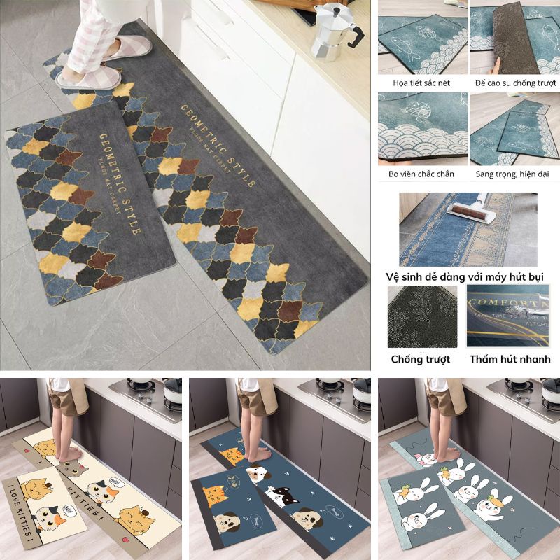 ⚡MẪU MỚI⚡ Bộ 2 Thảm Bếp Hàng Loại 1 Dày Và Mịn Thấm Hút Tốt, Mặt Đáy Chống trơn, Mặt Thảm Bali 88201