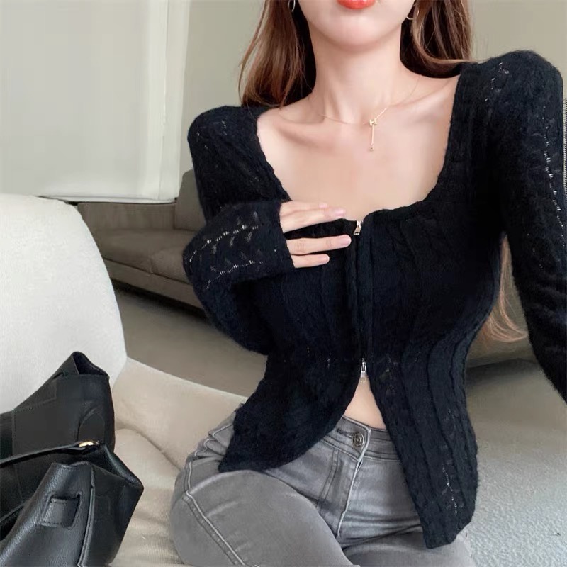 Áo len phối ren trắng cổ vuông dây kéo cardigan gợi cảm