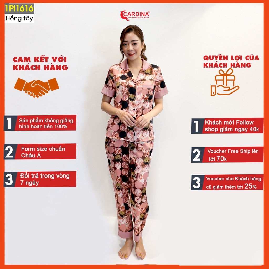 Đồ bộ pijama nữ CARDINA chất lụa satin Nhật cao cấp quần dài áo cộc tay họa tiết tinh tế trẻ trung 1Pi16.