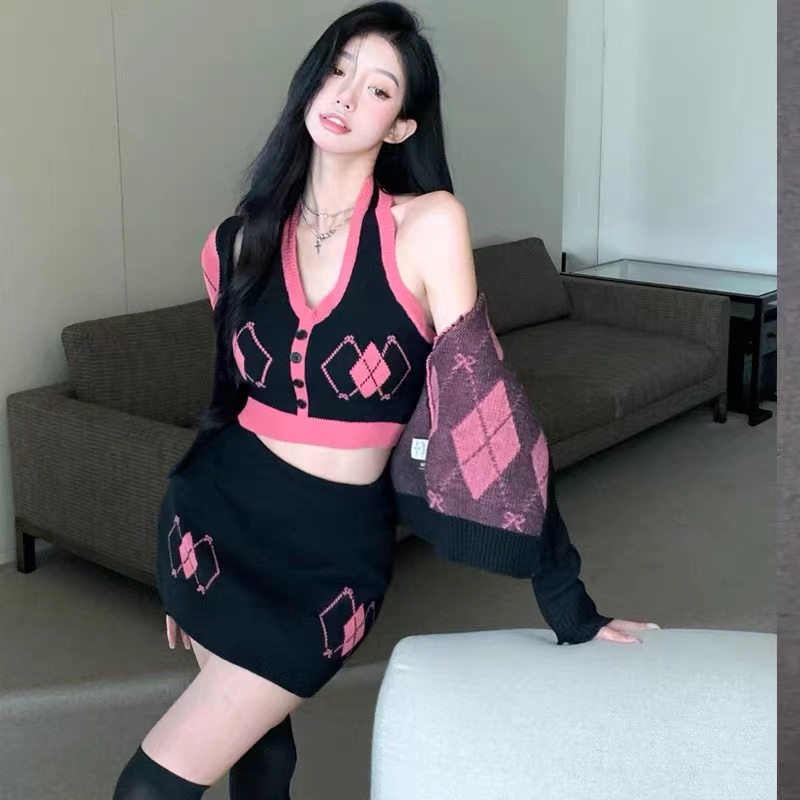 Áo Dệt Kim Sát Nách Dáng Ôm Sọc Ca Rô Màu Sắc Tương Phản Thời Trang Cho Nữ