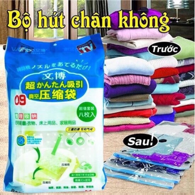 BỘ 8 TÚI HÚT CHÂN KHÔNG Kèm 3 túi ĐỰNG QUẦN ÁO, CHĂN MÀN TẶNG KÈM BƠM TAY