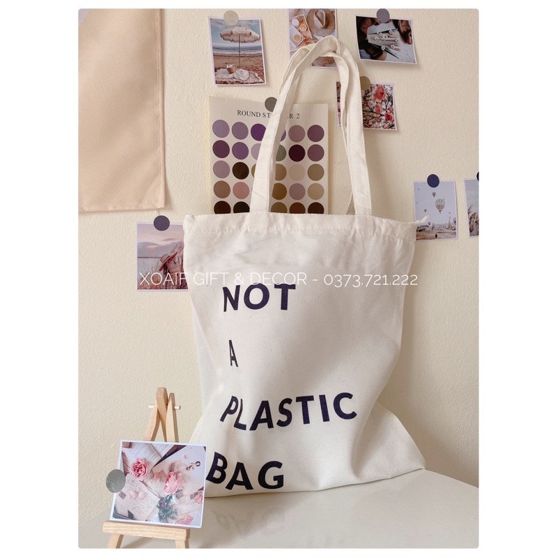 Túi tote vải canvas đeo vai Not a plastic bag ảnh thật có khoá miệng