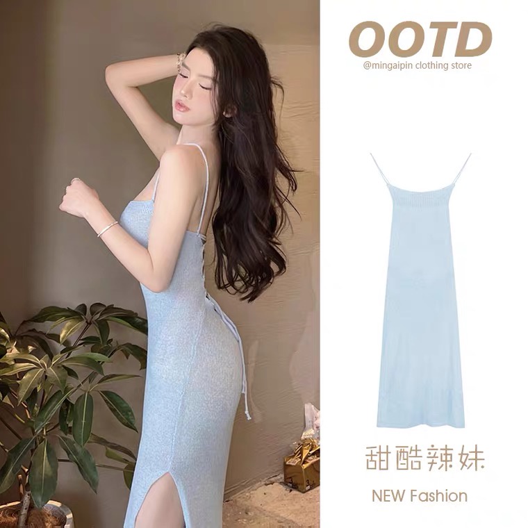 OKDK- Đầm len dáng dài hai dây hở lưng phong cách gợi cảm cho nữ