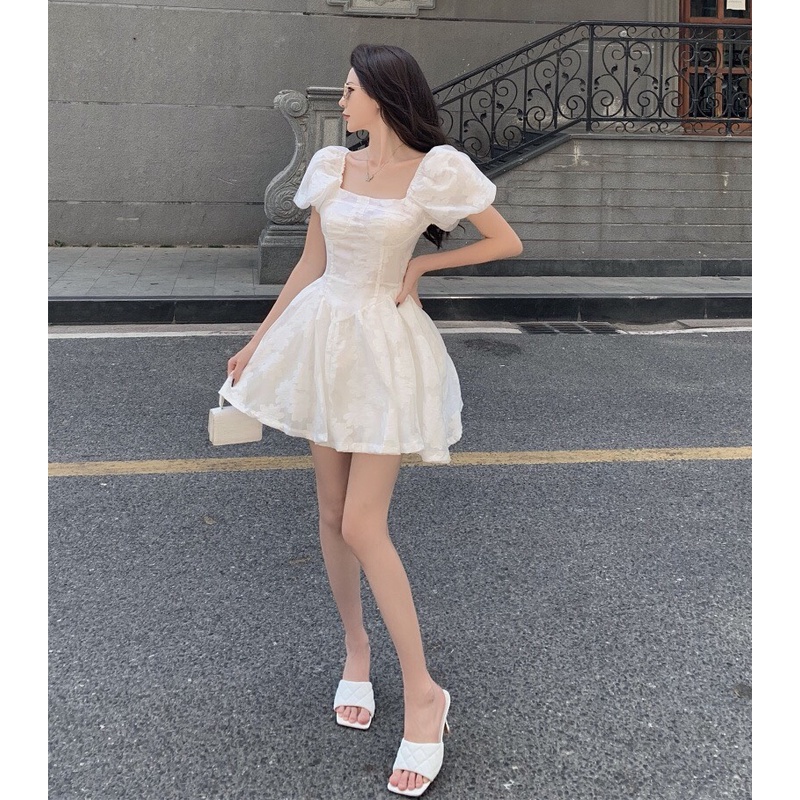 Đầm ren hoa tay bồng xòe có lót cao cấp  n48-822