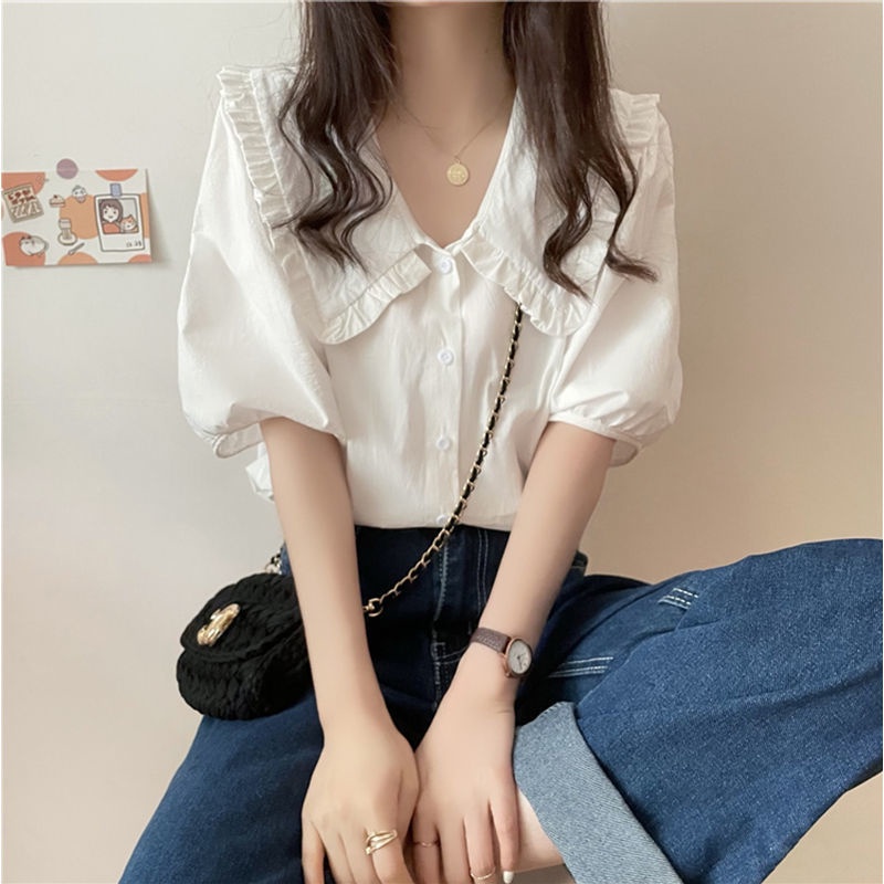 Áo Sơ Mi Tay Ngắn Cổ Búp Bê Phong Cách Pháp 164152 Áo Sơ Mi Màu Sắc Ngọt Ngào Dáng Ôm Phong Cách Phương Tây