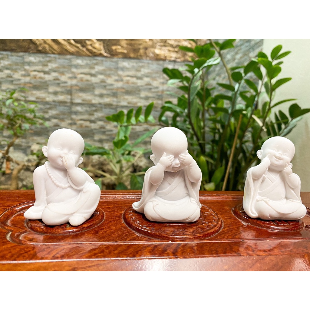 Bộ Chú Tiểu Tam Không, Yêu Đời, Tự Tại, An Yên Đá đúc Trắng trang trí bàn làm việc, nhà cửa, quà tặng PT80