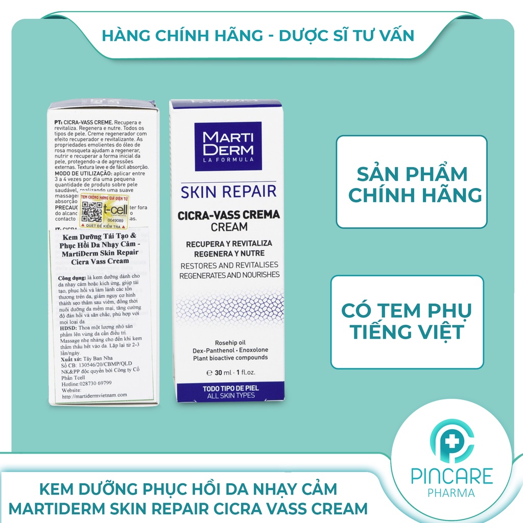 Kem dưỡng phục hồi da MartiDerm Skin Repair Cicra Vass Cream 30ml cho da nhạy cảm - Hàng chính hãng - Nhà thuốc PinCare