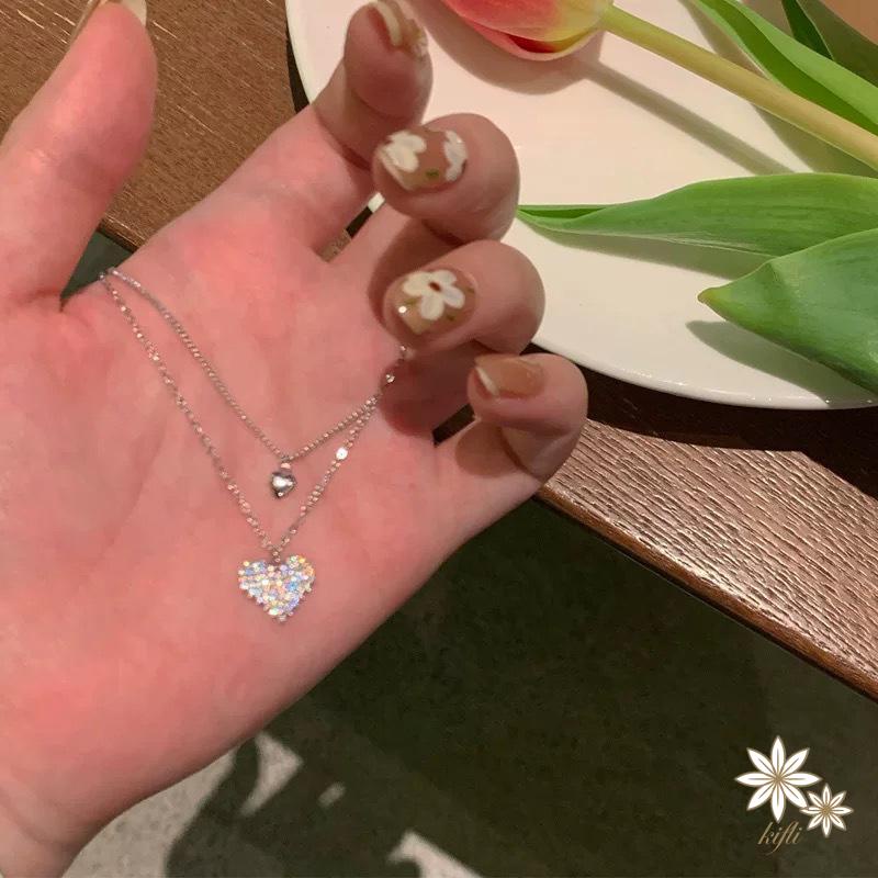 Vòng cổ Hai Lớp Mặt Hình Trái Tim Đính Đá Phong Cách Hàn Quốc Dành Cho Nữ