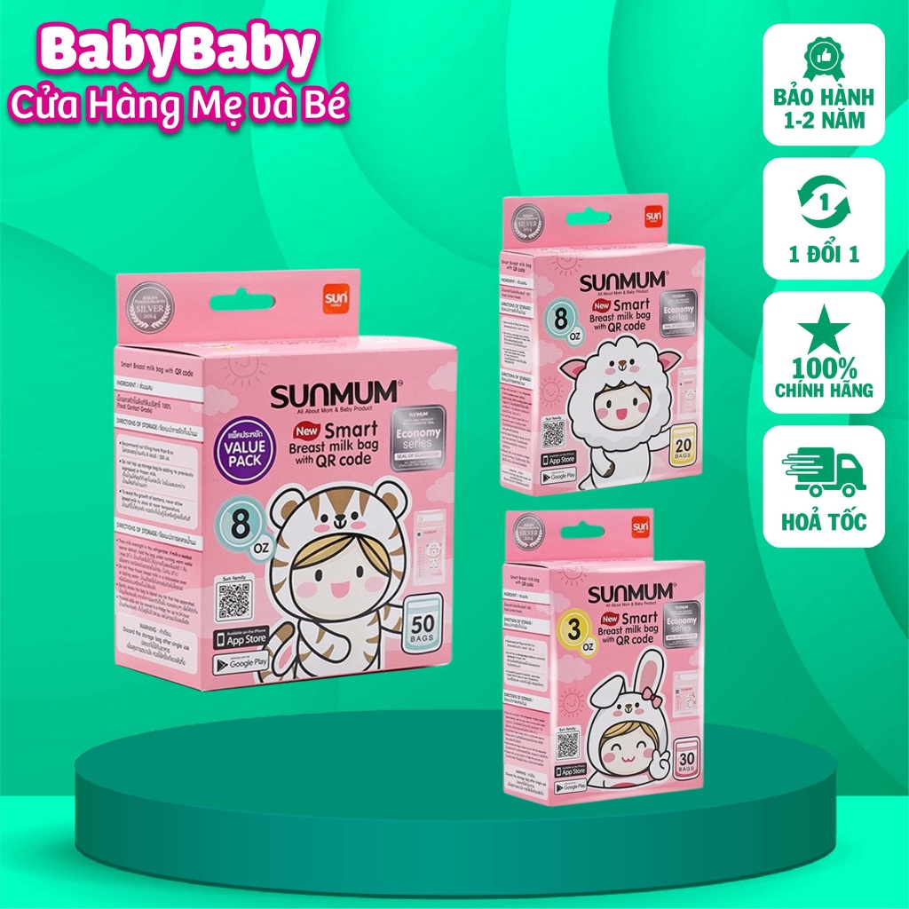 Túi trữ sữa Sunmum, túi đựng sữa mẹ 100 / 250 ml hộp 50 túi an toàn, tiện dụng