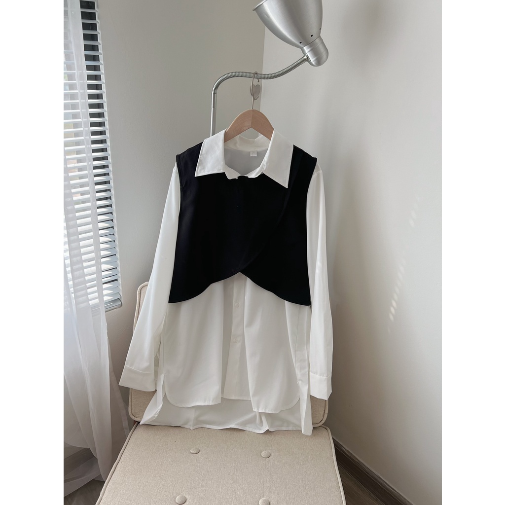 Set áo sơ mi 2 món mix áo gile, set áo sơ mi mix gile kiểu