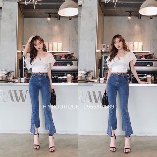 🔥quần bò loe mài ống xẻ tà màu đen và xanh ♥️ quần bò loe nữ