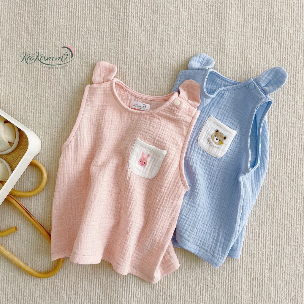 Set quần áo sát nách tai gấu  chất liệu xô muslin Kakummi