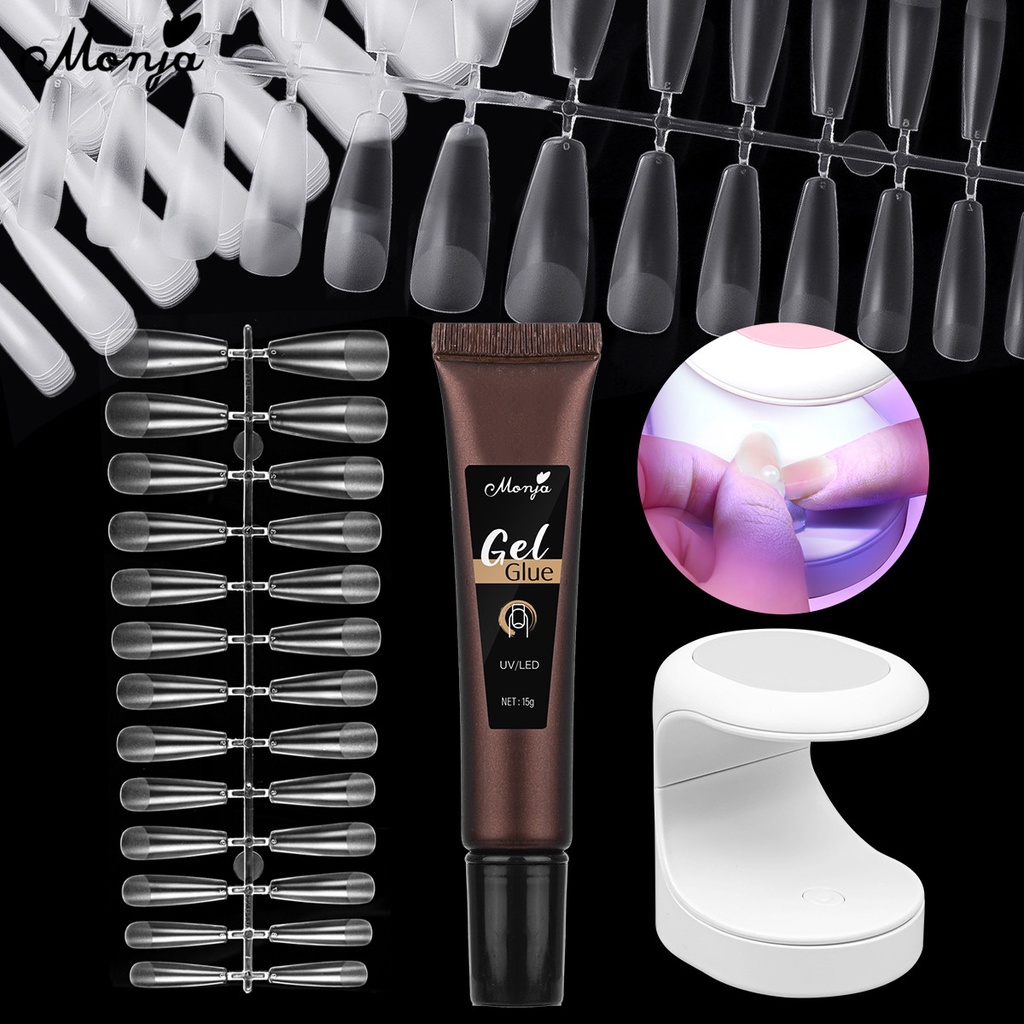 Monja Nail Art Extension Kit Máy sấy móng tay LED 6W 15g UV Gel cho Matte Square Long Coffin Almond Mẹo làm móng giả 3 cái / bộ