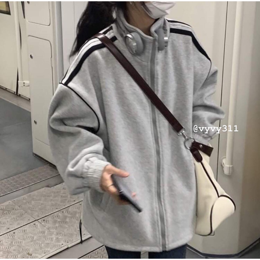 ( SẴN - HỎA TỐC ) Áo khoác hoodie nam nữ kẻ sọc cổ đứng form rộng chất nỉ dày dặn mẫu mới hot trend