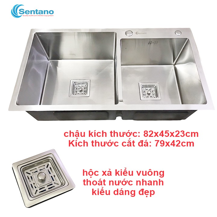 Chậu rửa chén SENTANO 2 hộc lệch 82x45 xả lọc rác kiểu vuông sang trọng