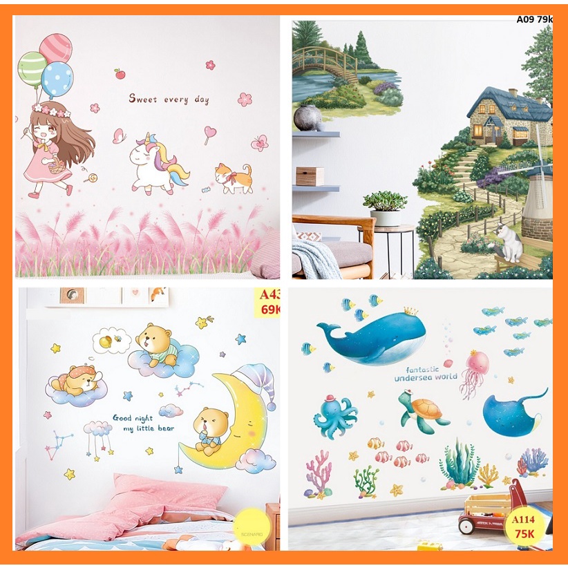 loạt decal hoạt hình trang trí phòng cho bé, trang trí phòng khách, phòng ngủ