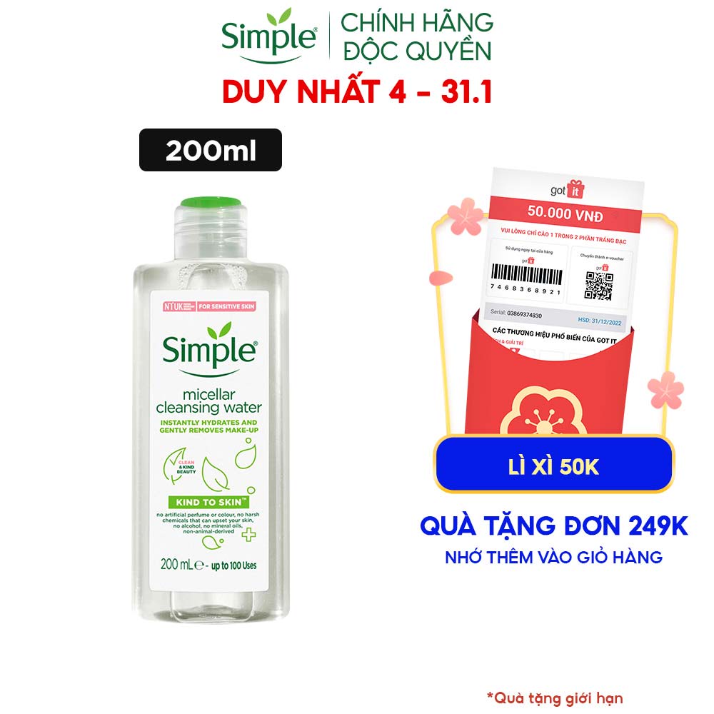 Nước Tẩy Trang Simple Micellar Sạch Trang Điểm Vượt Trội Không Chứa Cồn Gây Khô Rát Kèm Dưỡng Ẩm Chính Hãng 200Ml