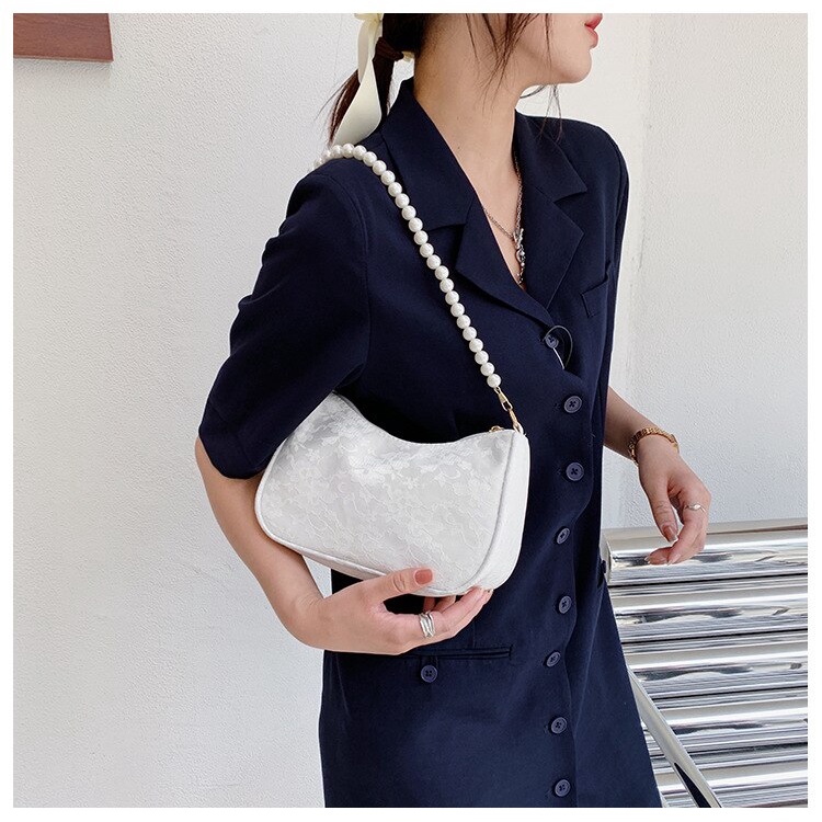 Túi đeo vai JASMIN NOIR bề mặt ren đính hạt ngọc trai nhân tạo thời trang dành cho nữ