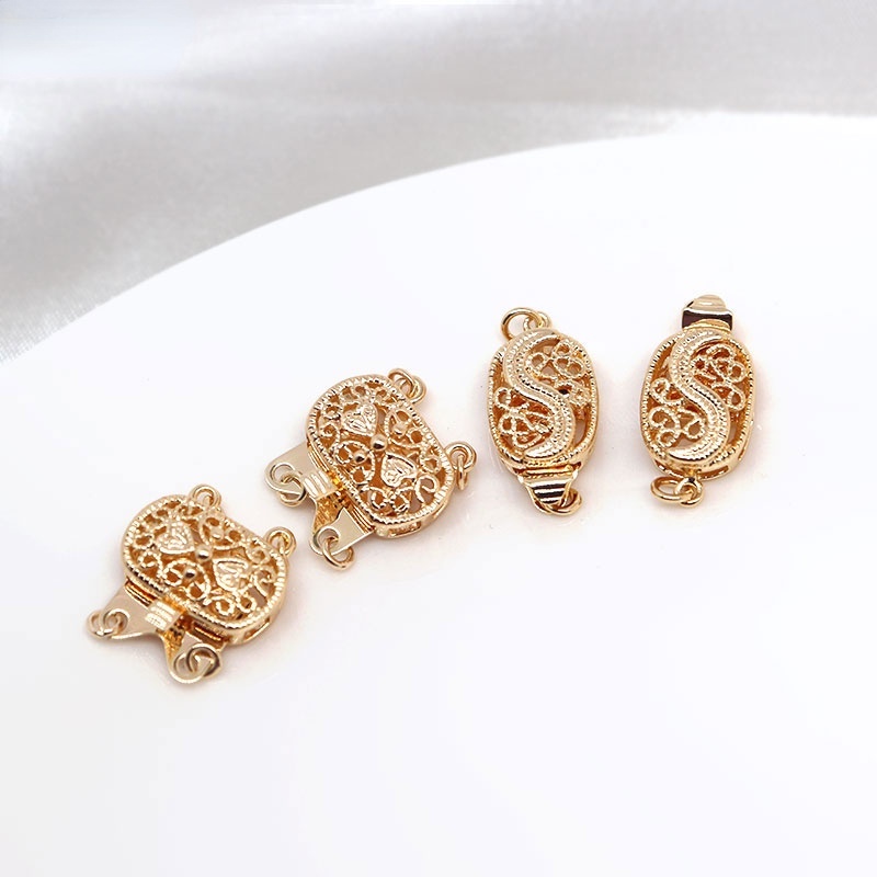 Khóa Nối Dây Chuyền Thủ Công diy Bằng Đồng 14K Màu Vàng Hai Lỗ Đính Ngọc Trai