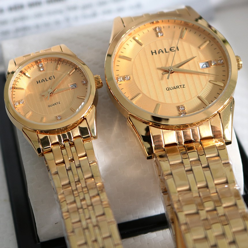 Đồng hồ đôi nam và nữ  HALEI H2255 Đẳng cấp doanh nhân mặt tròn lịch ngày dây thép cao cấp sang trọng
