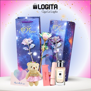 Quà Noel Tặng Bạn Gái, Quà Giáng Sinh Ý Nghĩa Tặng Người Yêu - Hoa Galaxy Phát Sáng Có Đèn Led Đế Love Kèm Gấu - LOGITA