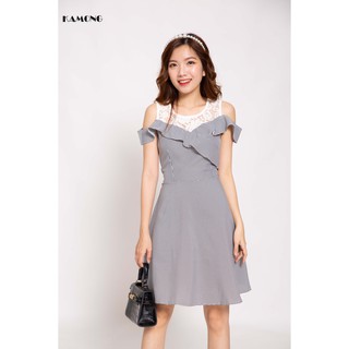 Đầm caro bèo phối đô ren KAMONG D074