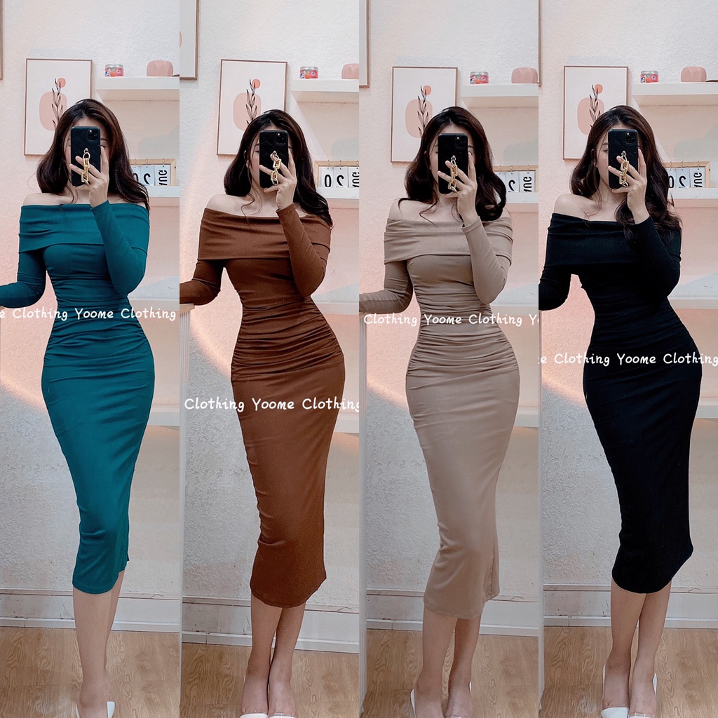 Váy body tăm gân trễ vai nhún eo khoá sau co giãn thoải mãi yoome clothing