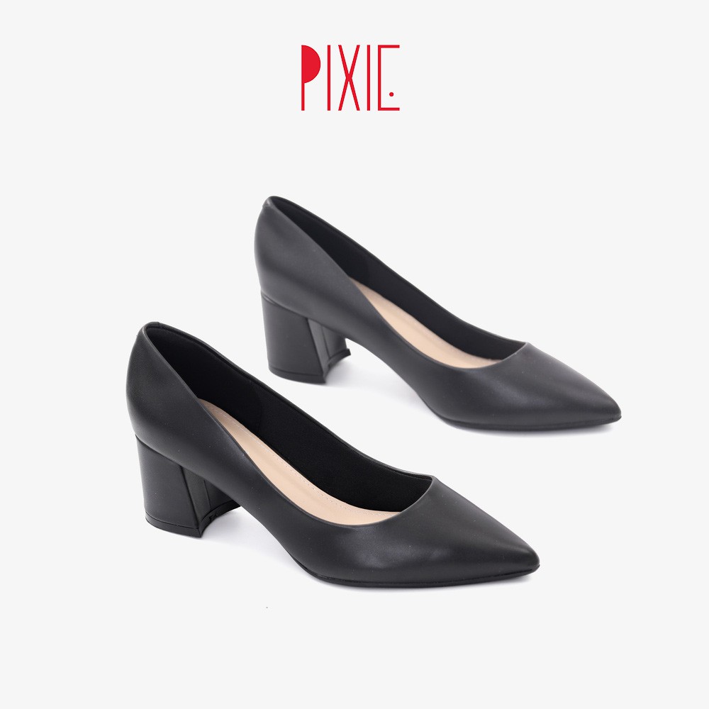 Giày Cao Gót Đế Vuông 5cm Mũi Nhọn Basic Màu Đen Pixie P055
