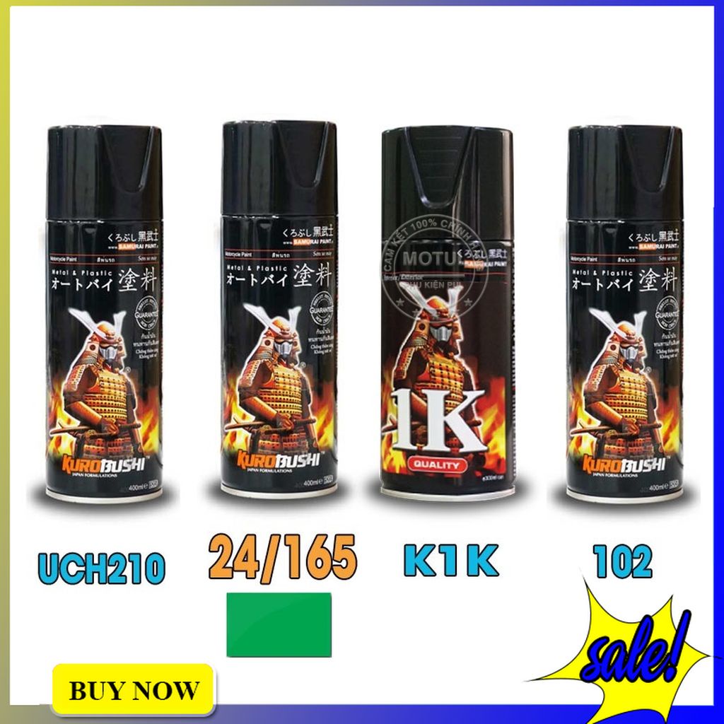 Combo 4 sơn xịt Samurai màu xanh lá tropicana (gồm 24/165 - UCH210 - 2/102 - K1K - Giấy nhám P800)