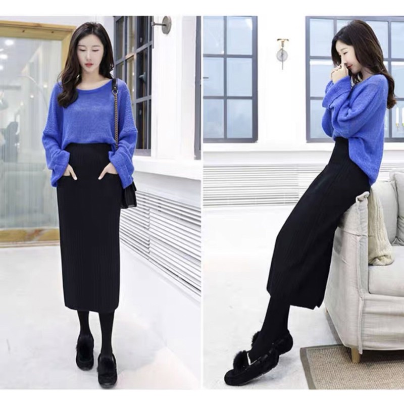 [Hàng Quảng Châu]SP042 Chân váy len midi xẻ tà túi vuông