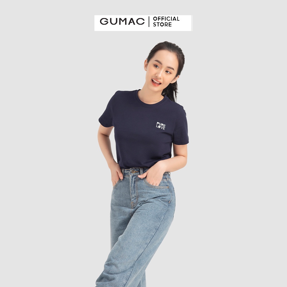 Áo thun nữ cổ tròn cơ bản thời trang nữ GUMAC thiết kế chữ thêu ATB12006