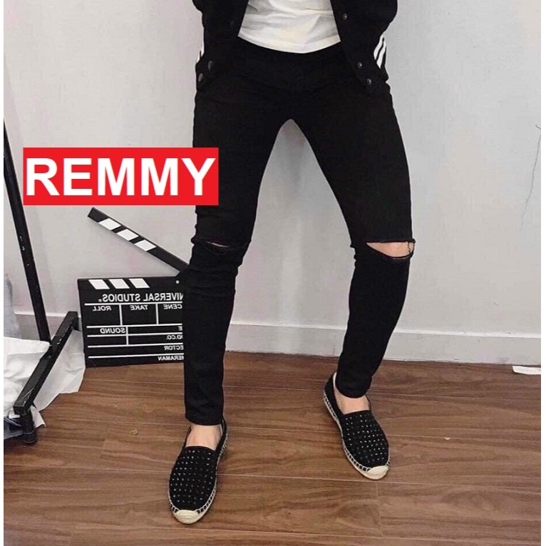QUẦN JEAN NAM ĐEN RÁCH GỐI CHẤT BÒ CAO CẤP ÔM BODY PHONG CÁCH TRẺ VS303 REMMYSHOP | BigBuy360 - bigbuy360.vn