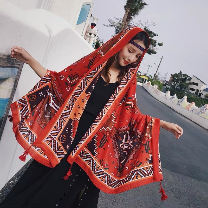 [HÀNG LOẠI 1] Khăn Boho Đi Biển Hoạ Tiết Thổ Cẩm Trên Nền Cam Nổi Bật