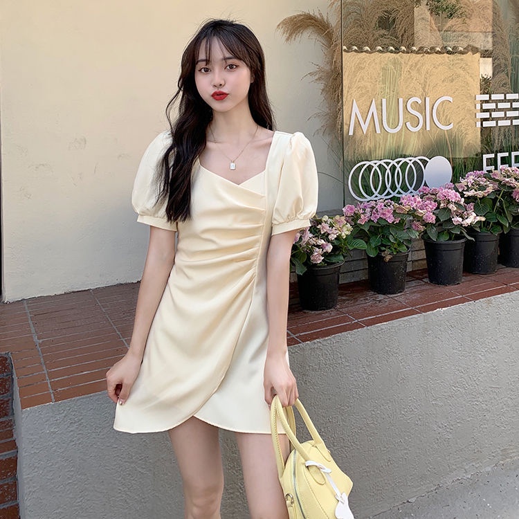 IELGY     Đầm Đen Ngắn Tay Thiết Kế Không Đồng Đều Thời Trang Theo Phong Cách Pháp Cho Nữ