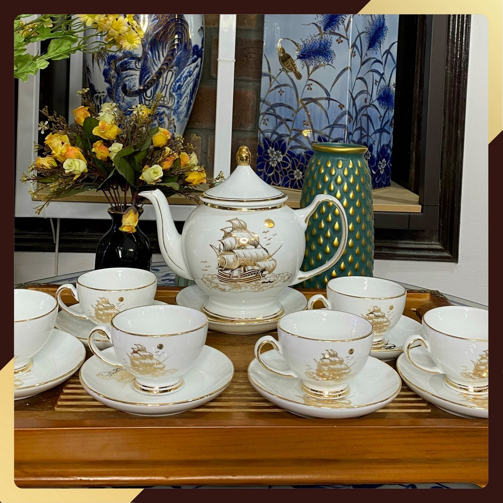 Bộ ấm chén Bát Tràng viền vàng cao cấp - Gốm Decor