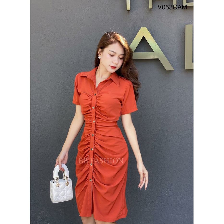 Váy sơ mi nữ cộc tay dáng dài nhún thân trước, Đầm sơmi nữ hàng thiết kế chất lụa 100D cao cấp V053 | BigBuy360 - bigbuy360.vn