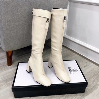 Boot đùi da lì khoá trước gót trụ