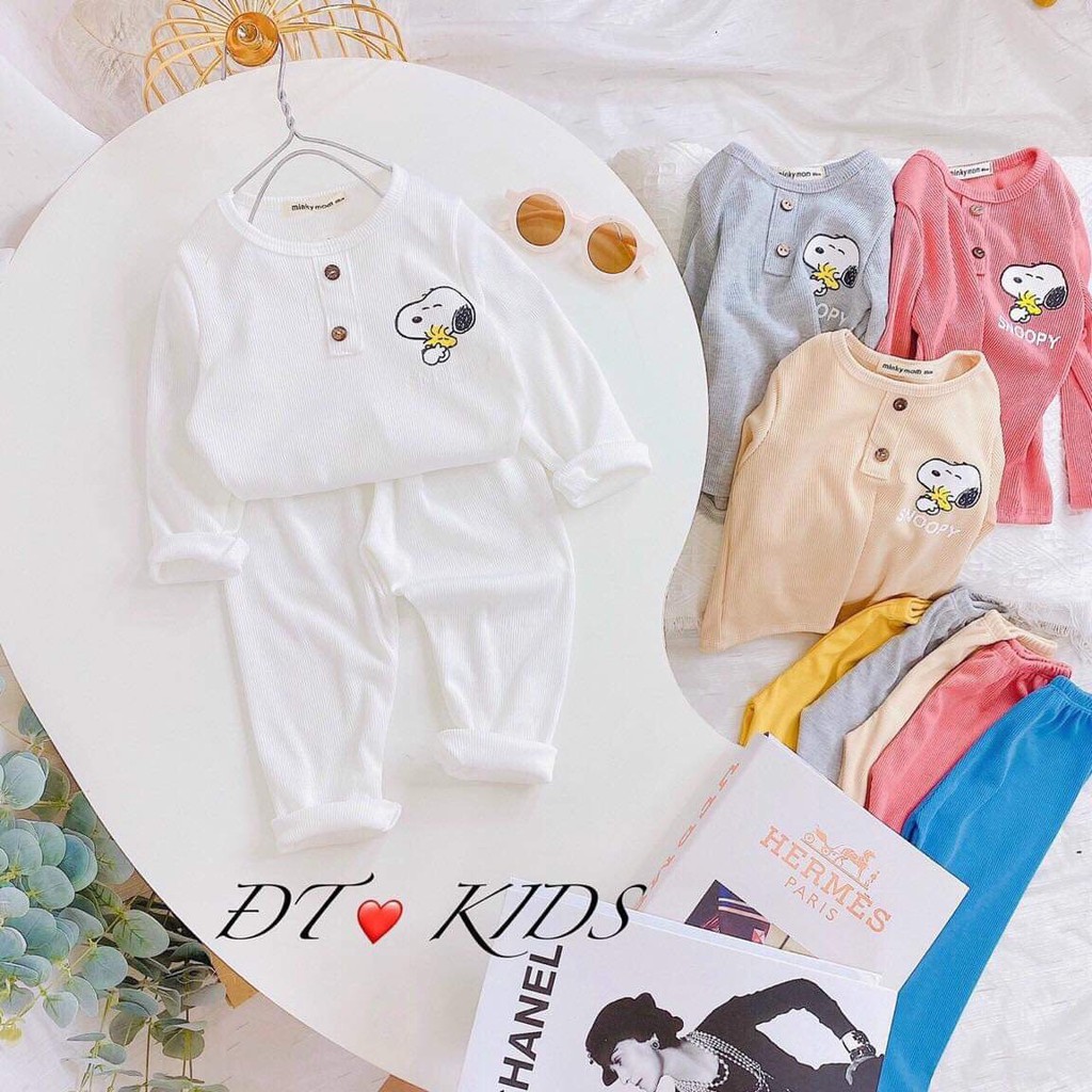 Bộ cotton thun dài tay cổ trụ 2 cúc in hình Snoopy cho bé trai, bé gái xịn xò cho bé trai/ bé gái từ 8-18kg