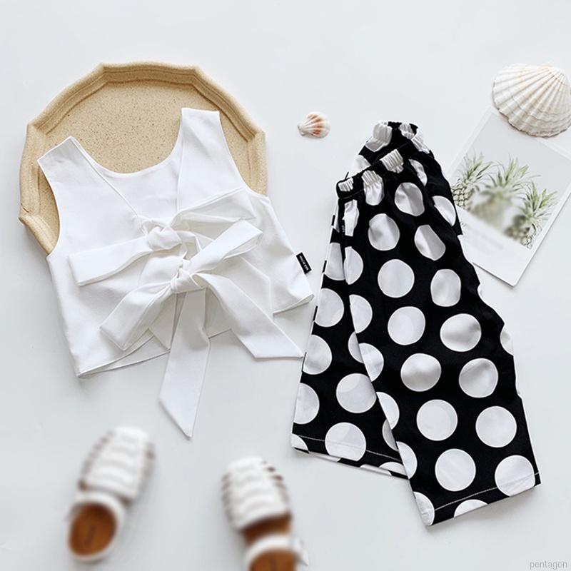 Set Áo Cộc Tay Chấm Bi + Quần Dài Ống Rộng Thời Trang Cho Bé Gái