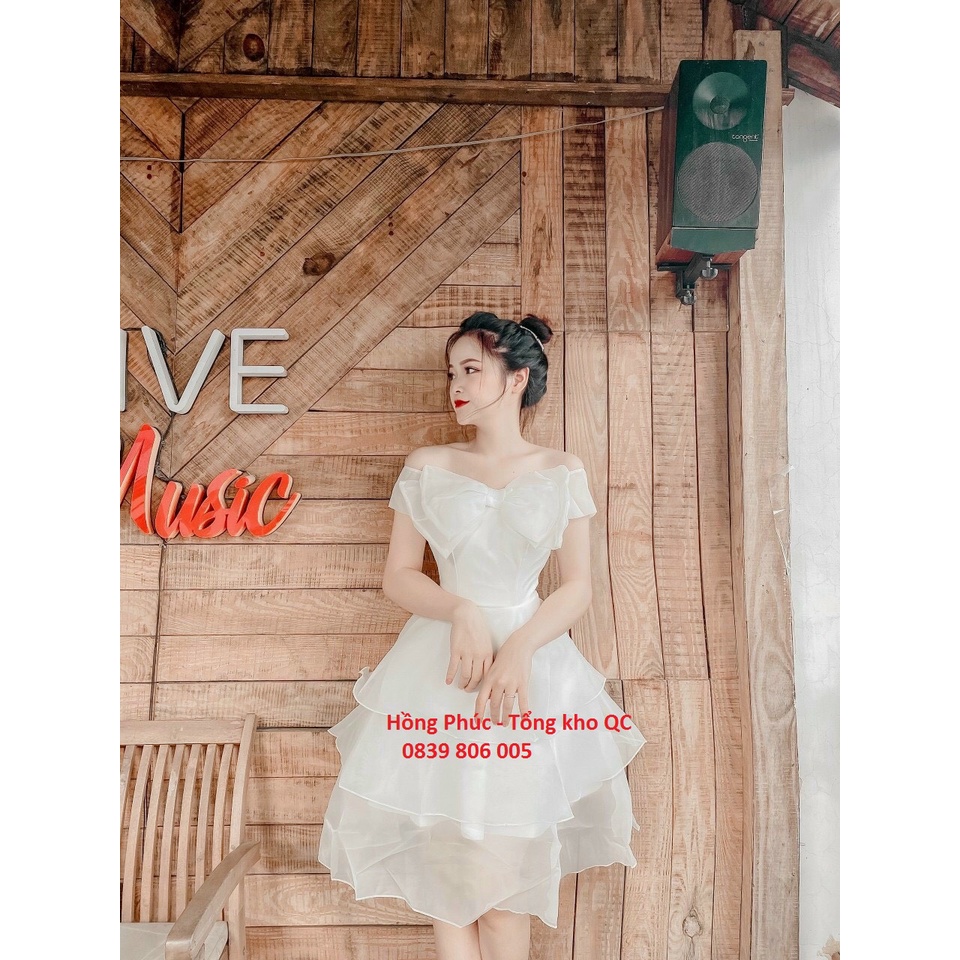Váy trắng tiểu thư, đầm công chúa dự tiệc siêu dễ thương 3 tầng nơ ngực có đệm ngực hàng thiết kế