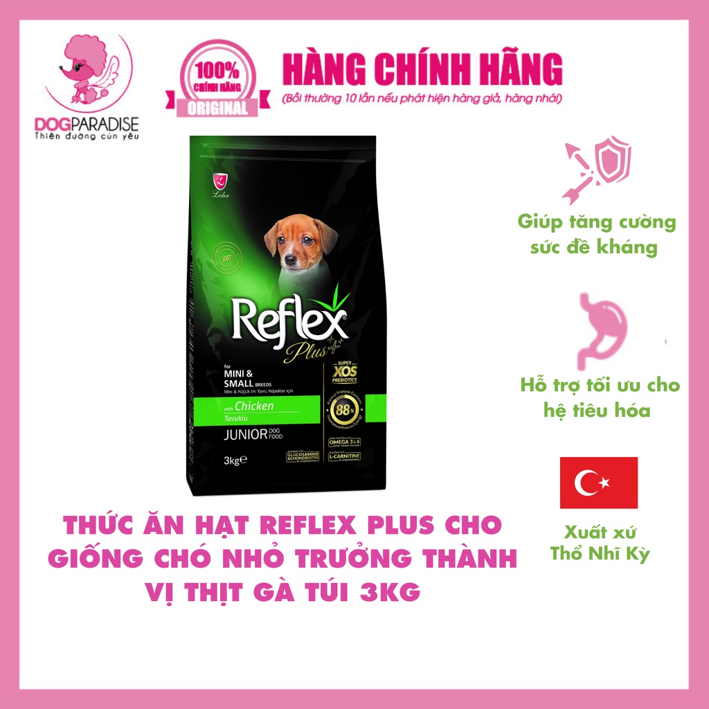 Thức ăn hạt Reflex Plus cho giống chó nhỏ trưởng thành vị thịt gà túi 3kg - Dog Paradise