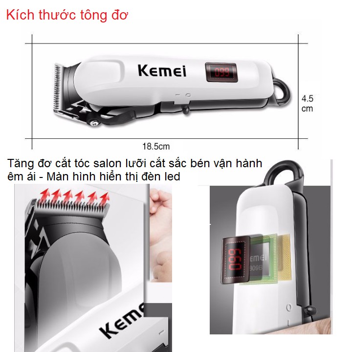 Tông đơ cắt tóc không dây Kemei KM-809A lưỡi cắt kim loại tặng kèm 4 lược căn độ dài màn hình LCD