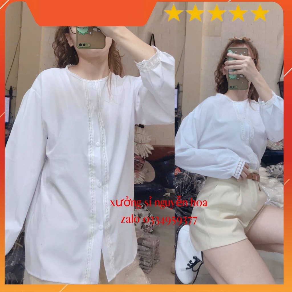 Áo sơ mi trắng nữ dài tay cổ tàu phối ren cực đẹp kèm ảnh/video thật xưởng sỉ nguyễn hoa