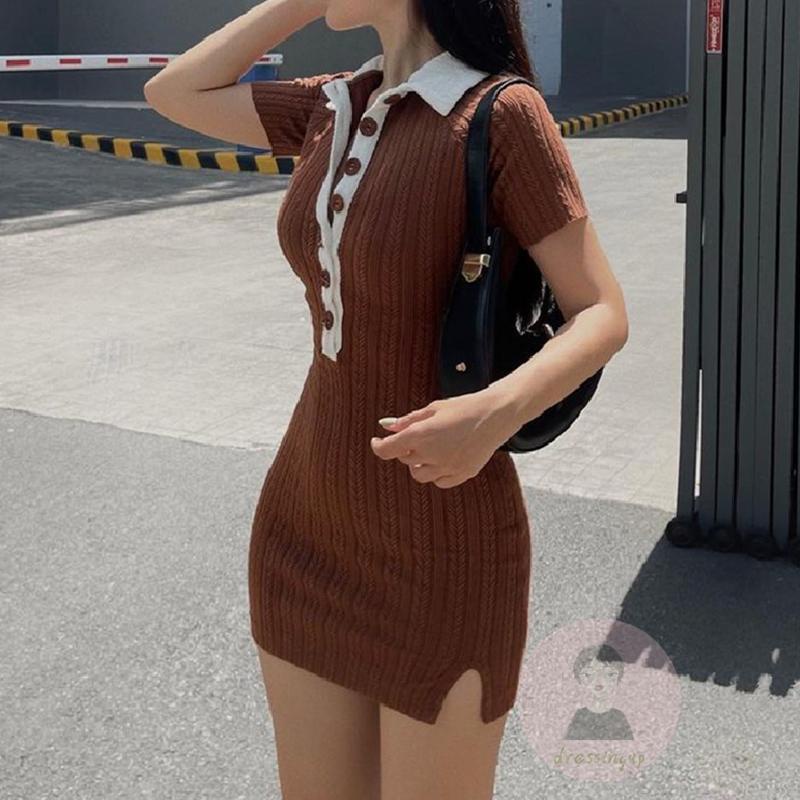 Đầm Dệt Kim Ngắn Tay Ôm Dáng Xẻ Tà Cài Nút Màu Sắc Tương Phản Thời Trang Cho Nữ
