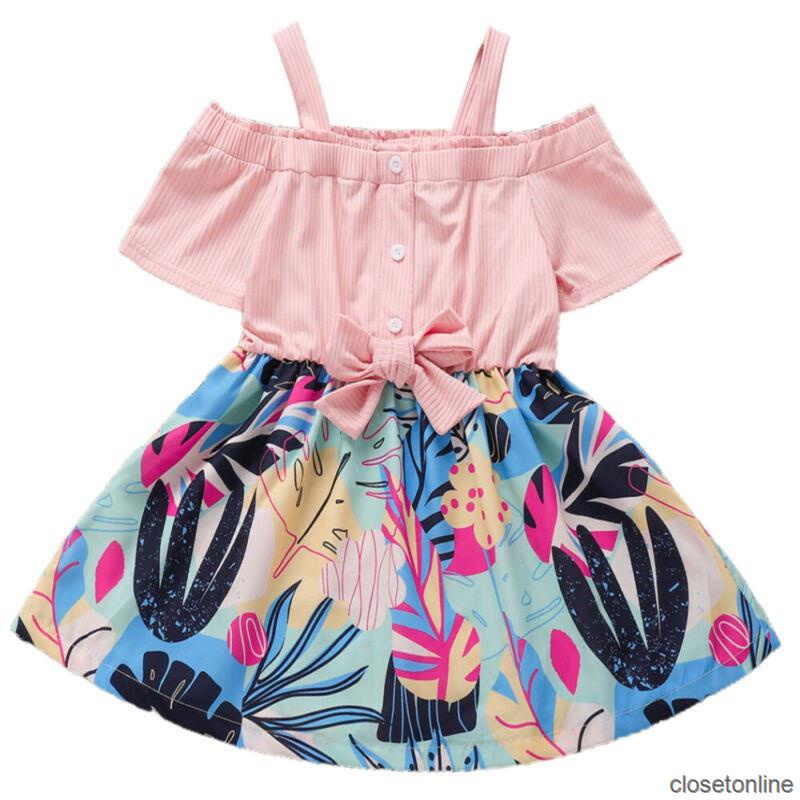 Sale Children Girl Bowknot Print Short Dress Summer Baby Beach Holiday Casual CL