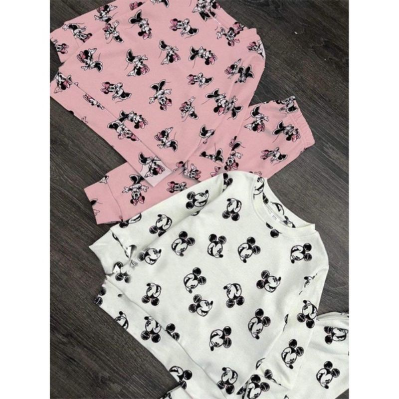 Combo 2 bộ micky trắng hồng in tràn chất cotton dài tay cho bé gái